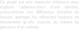 Ce projet est une traversée intérieure pour explorer l’arborescence d’une identité, conscientiser ses différentes échelles de lecture, partager les réflexions toujours en mouvement qu’elle suscite, au travers du parcours d’un individu.
