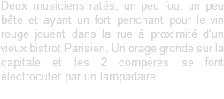 Deux musiciens ratés, un peu fou, un peu bête et ayant un fort penchant pour le vin rouge jouent dans la rue à proximité d’un vieux bistrot Parisien. Un orage gronde sur la capitale et les 2 compères se font électrocuter par un lampadaire...
