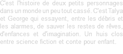 C'est l'histoire de deux petits personnages dans un monde un peu tout cassé. C'est Talya et George qui essayent, entre les débris et les alarmes, de sauver les restes de rêves, d'enfances et d'imagination. Un huis clos entre science fiction et conte pour enfant.
